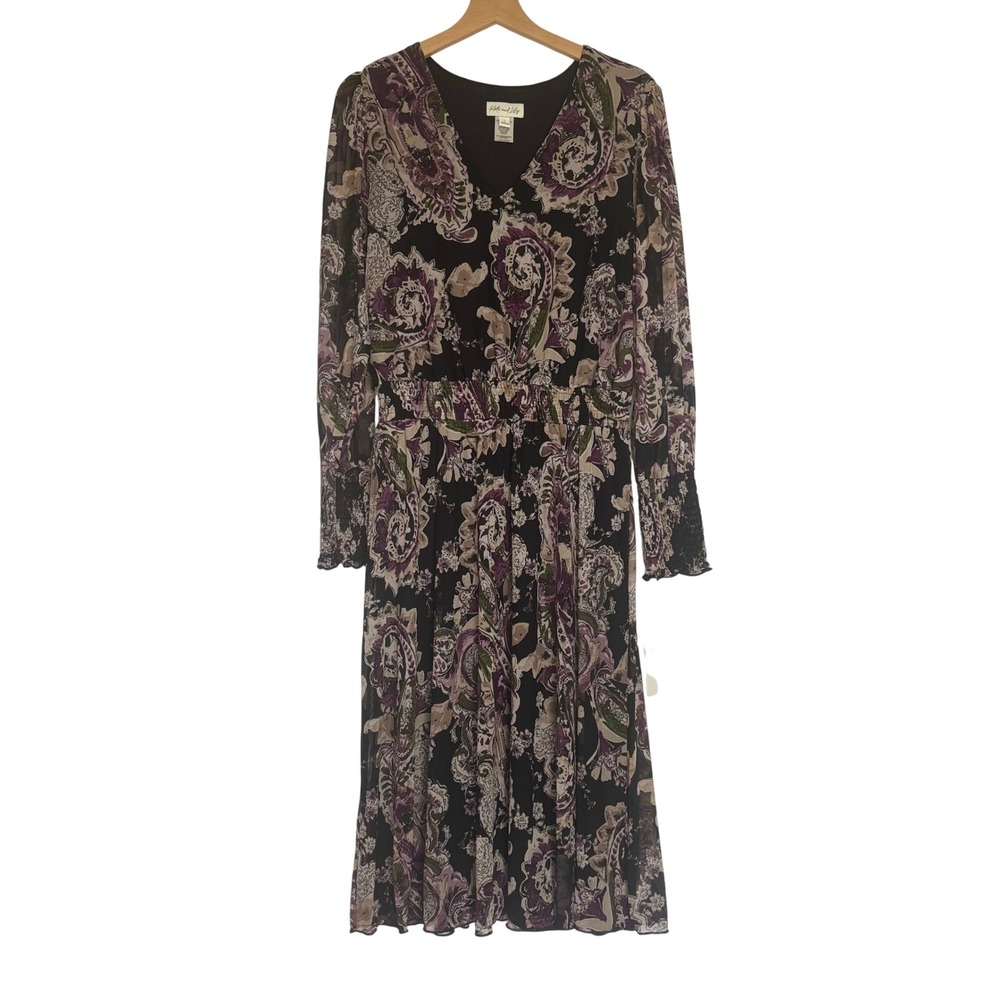 NWT Women's Paisley Print Midi Dress Whimsical Purple‎ Black Size L